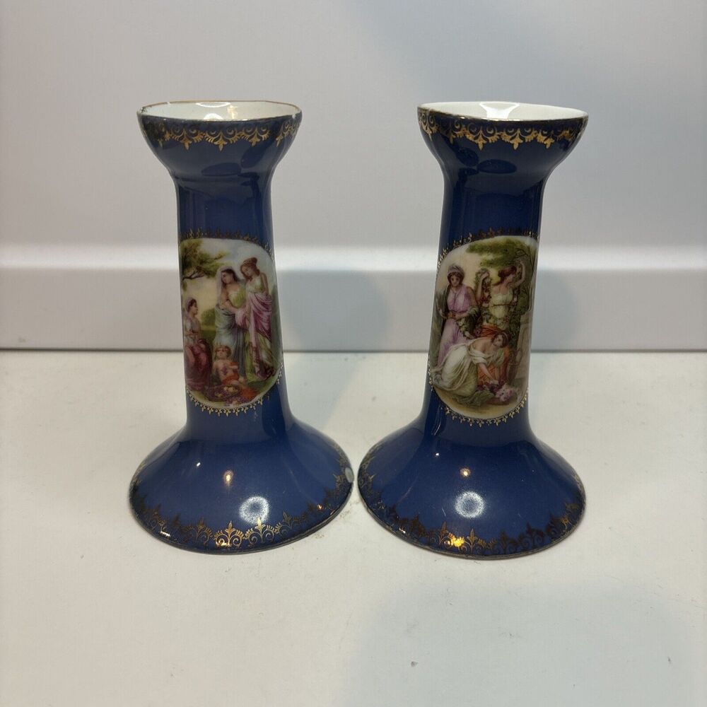 2 Epiag Blue Antique Women picnic Candlesticks Holder Czechoslovakia gold trim